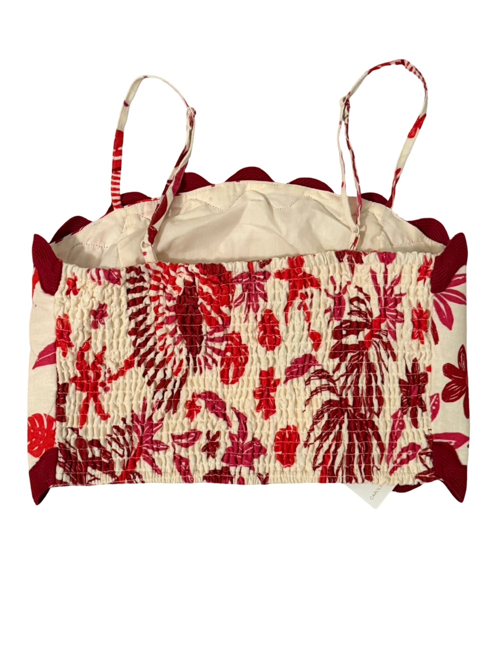 Caroline Constas Linen Scalloped Tropical Top & Midi Skirt Set Red Cream NWT - Picture 6 of 11